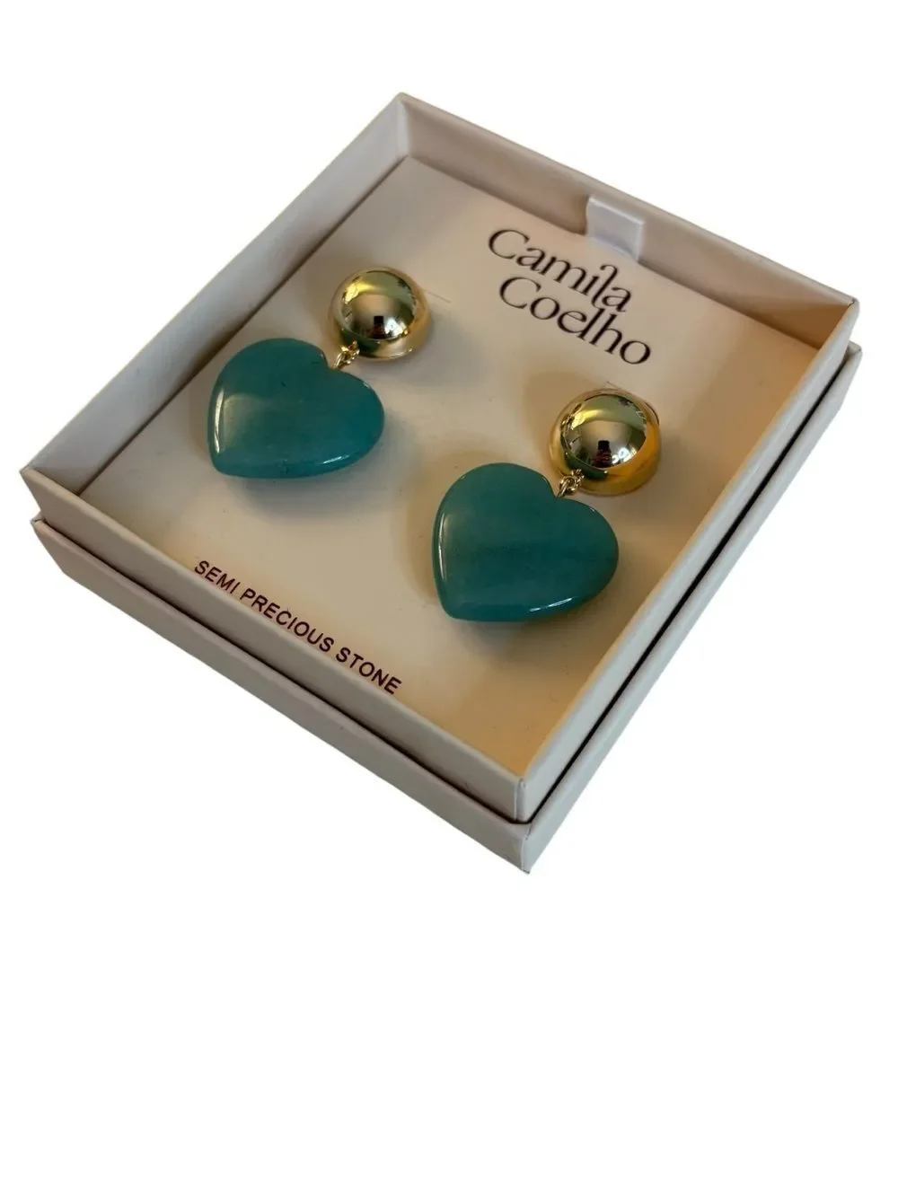 Camila Coelho Teal Green Heart Drop Earrings w/ Gold Tone Dome Studs.